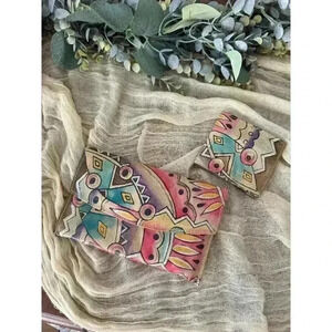 1980’s Emily Ann of Boca Raton Leather clutch  bi fold wallet ethnic geometric